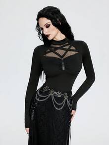 Breakform Women's Gothic Style Round Neck Hollow Patchwork Diamond Mesh Ruched Faux Leather Trim Eyelet Detail Fitted Long Sleeve Top - Black - View 3