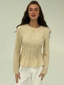 Aloruh Khaki Round Neck Raglan Sleeve Gathered Waist Fashionable Elegant Pleated Shirt - Khaki - View 4