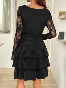 SHEIN Elegant Black Maternity Dress For Pregnant Women,Formal Evening Photoshoot,Autumn Lace Patchwork Sheer Long Sleeve Layered Ruffle Cocktail Outfit - Black - View 2