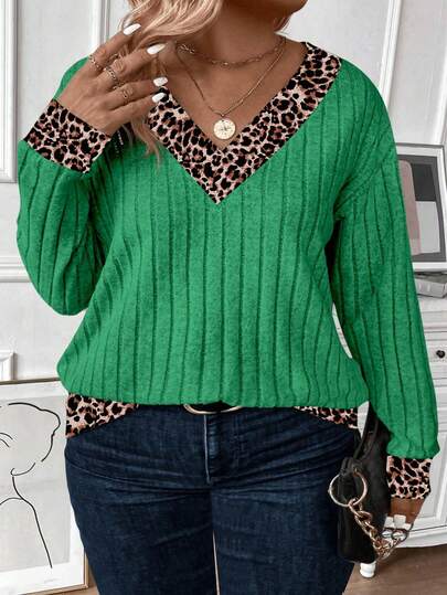 EMERY ROSE Women's Autumn/Winter New Casual Bestselling Leopard Print Patchwork V-Neck Soft Ribbed Knit Long Sleeve Plus Size Sweatshirt