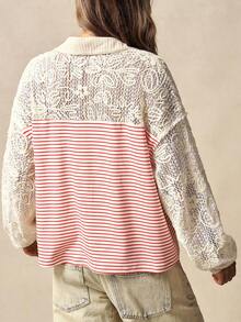 Bohemela 波西米亚风秋冬春季外套，女士复古休闲红色条纹花卉蕾丝拼接半开襟纽扣长袖宽松T恤，西部乡村风格，适合音乐会、度假、日常穿着、返校季、圣诞节、新年、情人节等场合。 - 彩色 - 查看 6