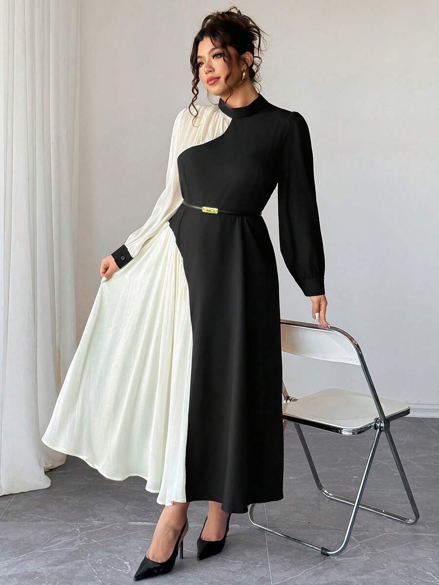 SHEIN Elenzya 大码女式撞色长袖褶皱优雅连衣裙 - 黑色 - 查看 1
