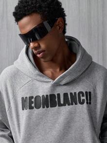 NEON BLANC Áo hoodie tay raglan in chữ màu xám cỡ tiêu chuẩn thường ngày có dây rút cho nam - Xám - Xem 3