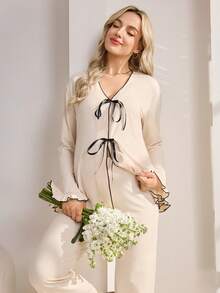 Áo thun rộng tay loe buộc phía trước cho bà bầu - Màu be - Xem 1