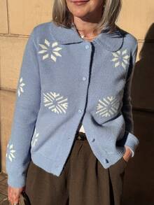 Vivie Lora Áo len cardigan cổ bẻ in họa tiết toàn thân cho nữ - Màu xanh lam - Xem 4