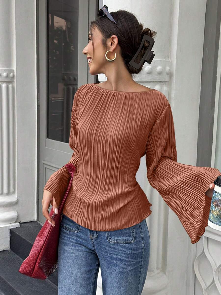 Elenzga 秋冬款宽圆领喇叭袖收腰褶皱衬衫 - 亮橙色 - 查看 1