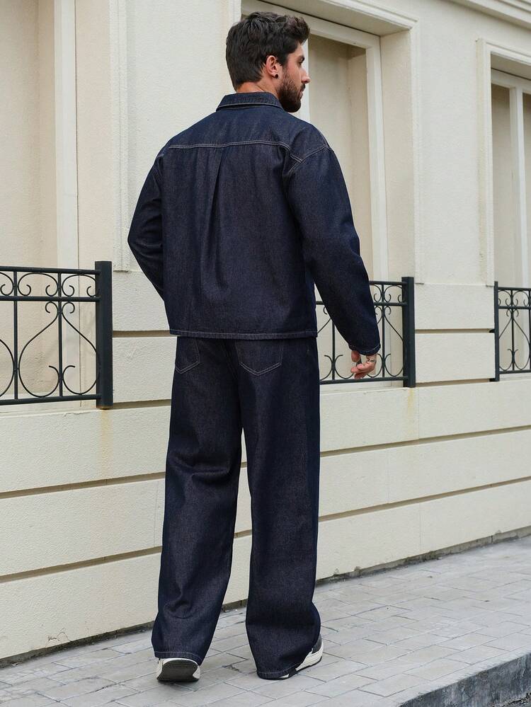 Navy Blue Blue Original Denim Fabric Shirt Paired With Men's Denim Suit, Autumn