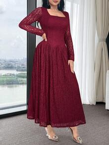 Feyla Women's Elegant Solid Color Square Neck Textured Dress, Autumn - Burgundy - View 5