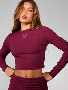 Missguided x Playboy 酒红色长袖露脐上衣和喇叭裤套装，饰有兔子图案印花，两件套家居服 - 酒紅色 - 查看 5