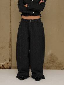 COUREZ Low Rise Baggy Balloon Fit Jeans With Frill Hem Detail In Textured Denim /Y2K Casual Spring Clothes  Women Clothes Cute Wide Leg Pants Low Rise Jeans Set - Black - View 4