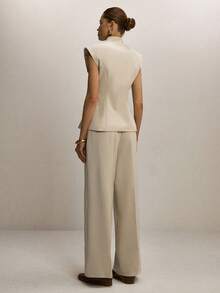 ATUI Studio Women's V-Neck Sleeveless Asymmetric Top And Loose Wide-Leg Pants Suit, Fashionable For Commuting - Khaki - View 3