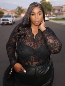 Truni Lacenleopard Plus Size Women's Elegant Sexy Sheer Lace Blouse, For Pear Triangle Body Shape - Black - View 6