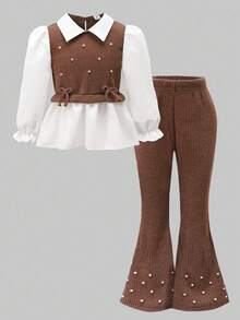 Everyday Casual Tween Girls Brown Knitted Top And Pant Set With Striped Pattern And Pearl Accents - Brown - View 3