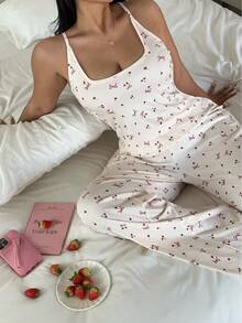 Sunnyshic Sweet Home Ditsy Floral Camisole Top Paired With Loose Knit Pants Set - Apricot - View 6