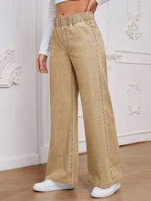 EMERY ROSE Casual Washed Elastic Waist Wide Leg Jeans - Khaki - View 3