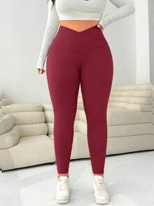 SHEIN EZwear Burgundy Plus Size Women's Leggings Maroon Leggings Plus Size Yoga Pants Plus Size Leggings - Burgundy - View 3