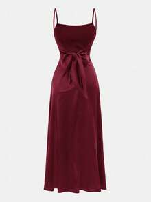 Pitira Pitira Vestido de dama de honor de satén con tirantes de espagueti, bajo plisado y abertura lateral para adolescentes y niñas, elegante vestido formal para baile de graduación, cena, Navidad, Día de San Valentín - Burdeos - Ver 6
