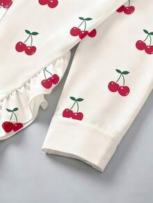 Vionelle 大码女式樱桃印花弧形下摆荷叶边长袖衬衫，情人节樱桃图案女式樱桃 - 紅白色 - 查看 3