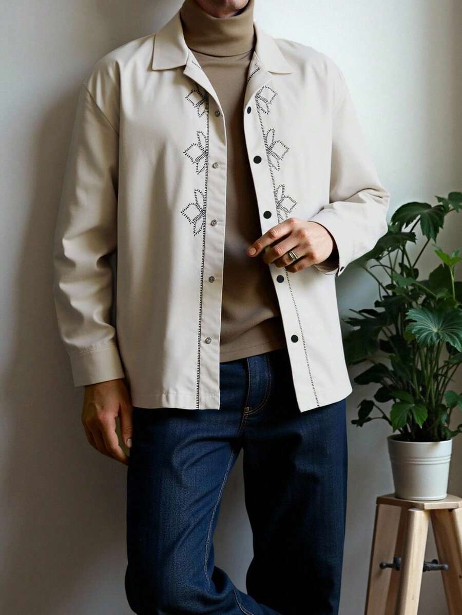 Manfinity Dauomo Camisa Casual Masculina de Manga Longa com Bordado Floral e Botões na Frente, Outono - Damasco - Visão 1