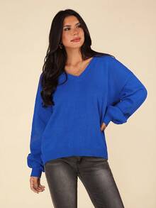 SHEIN VCAY V Neck Drop Shoulder Sweater,Long Sleeve Tops In Fall/Winter - Royal Blue - View 4