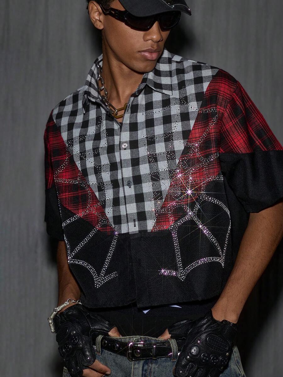 NEON BLANC Men's Summer Fashion Colorblock Plaid Rhinestone Spider Web Print Shirt - Grey - View 1