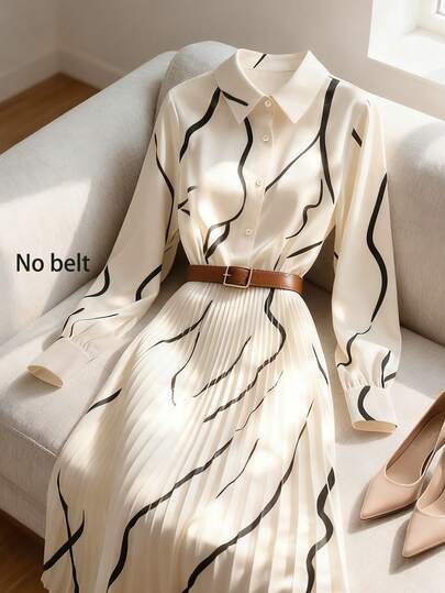GlowEve Elegant Women's Mid-Length Dress With Printed Pleated Shirt Collar