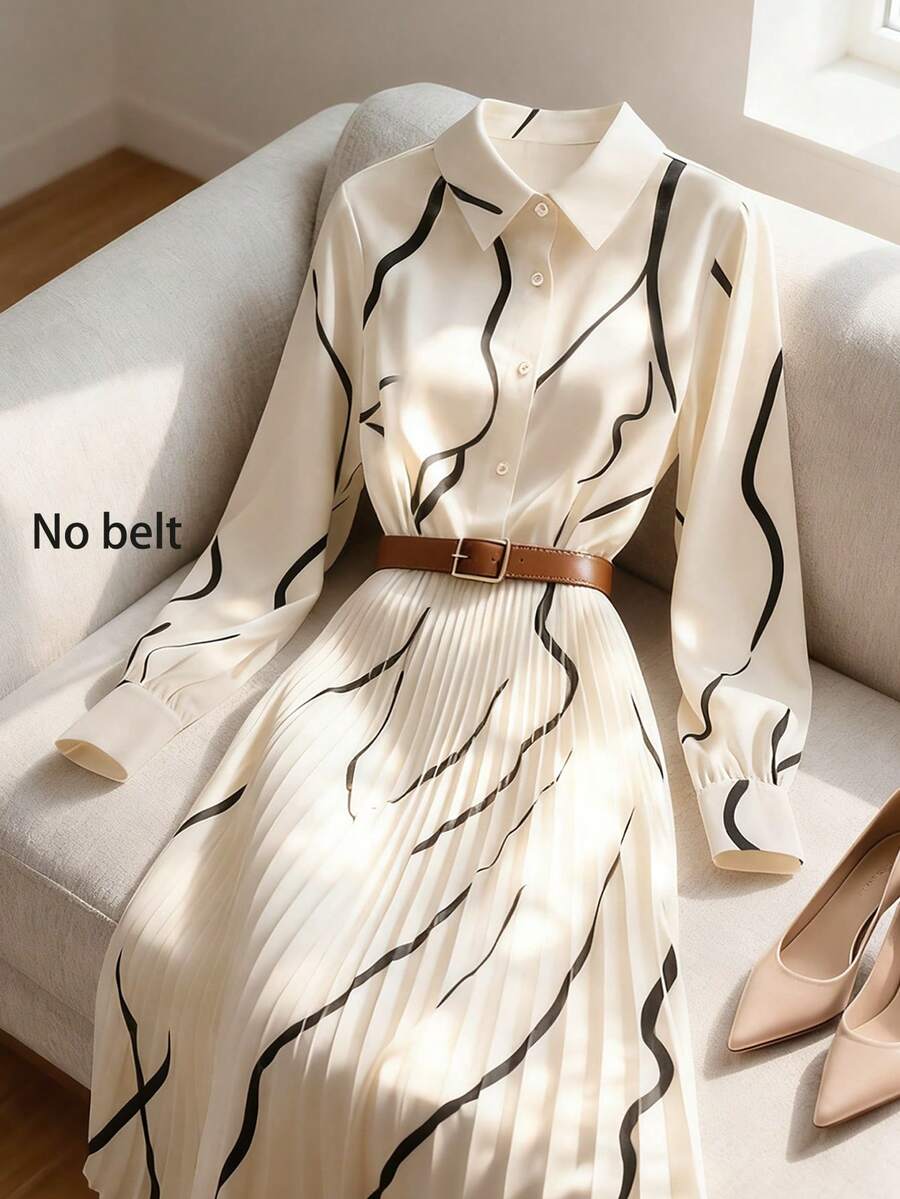 GlowEve Elegant Women's Mid-Length Dress With Printed Pleated Shirt Collar - Apricot - View 1