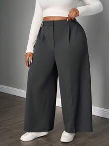 SHEIN PETITE CURVE Quần ống rộng đơn giản xếp ly trơn cỡ lớn - Xám - Xem 3