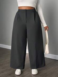 SHEIN PETITE CURVE Quần ống rộng đơn giản xếp ly trơn cỡ lớn - Xám - Xem 7
