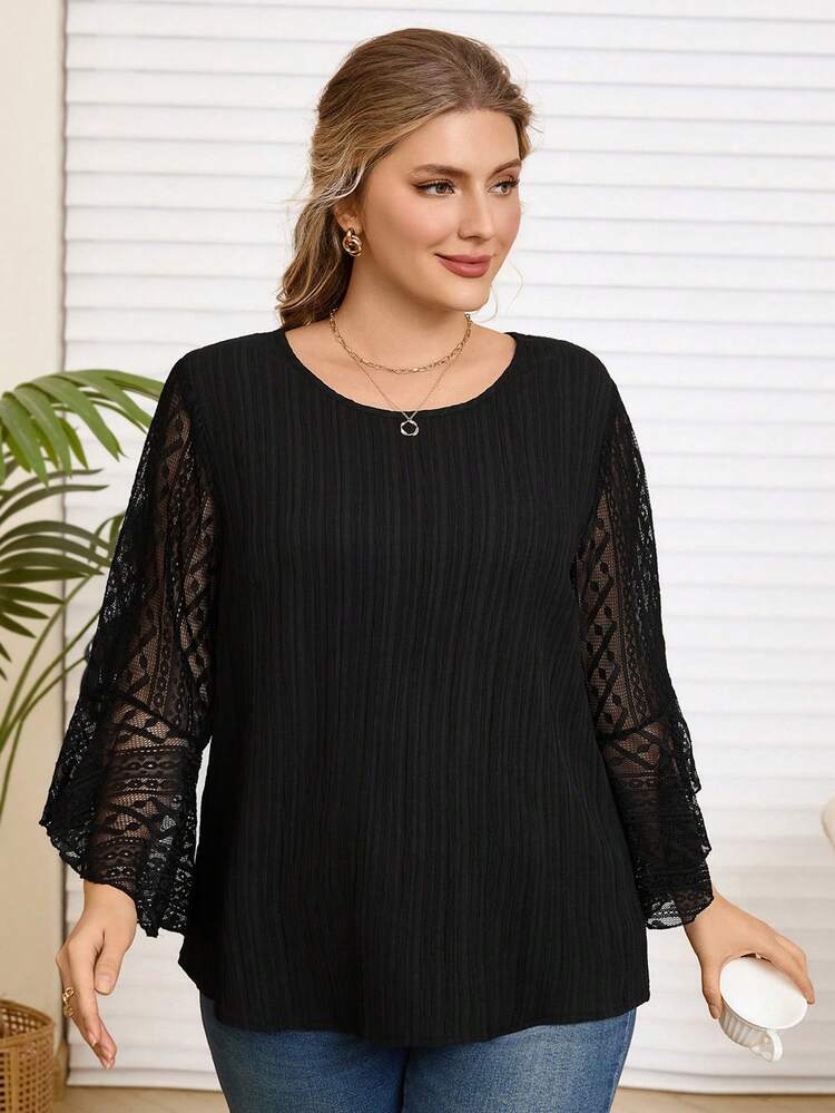 Plus Size Women Elegant Commuter Solid Color Lace Patchwork Blouse, Suitable For Spring And Autumn, Going Outs, 2025 New , Simple And Fashionable For Everyday Wear, Plus Size Winter , Comfortable And Breathable, Christmas For Women, New Year , Suitable For Multiple Occasions, Christmas, Date Nights Women, Thanksgiving For Women, Suitable For Valentine's Day