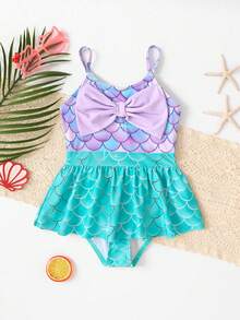 女孩美人鱼印花蝴蝶结可爱泳衣,运动沙滩度假游泳休闲趣味 - 藍色 - 查看 3