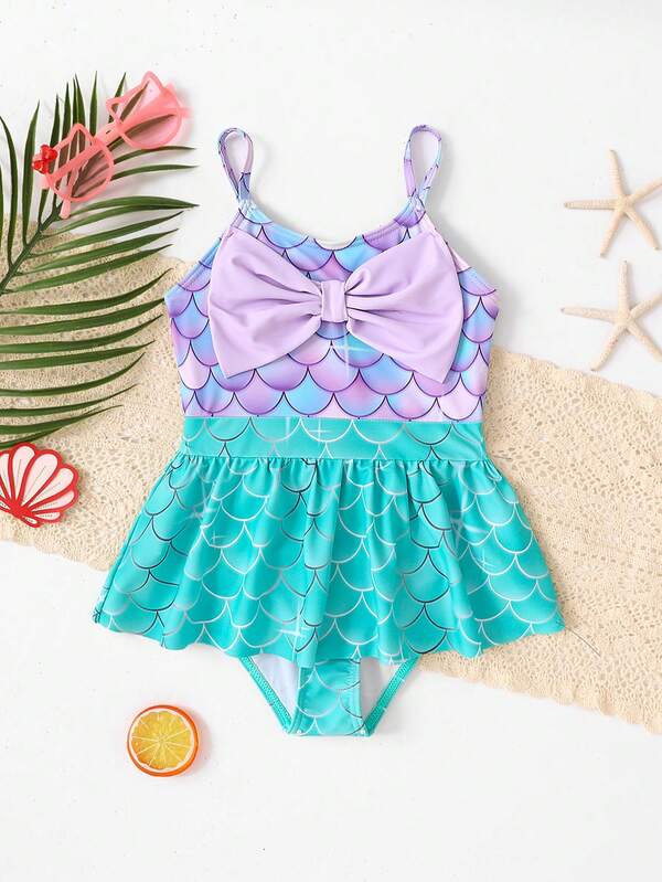 SHEIN Costume da bagno per ragazze con stampa a sirena e fiocco, sportivo e divertente per vacanze in spiaggia
