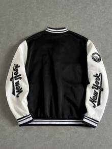 Manfinity ZONE917 Áo khoác Varsity hai tông màu họa tiết khẩu hiệu dành cho nam, Áo khoác bóng chày dài tay nhiều màu, Quà tặng cho bạn bè, chồng, bạn trai, cho mùa thu - màu đen - Xem 6