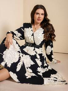 Comfylo 大码优雅印花重叠领A字连衣裙，秋季 - 黑色 - 查看 3