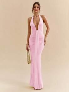 SHEIN BAE 黄色奶油色性感深V领优雅吊带长裙，适合春夏穿着 - 珊瑚粉 - 查看 5