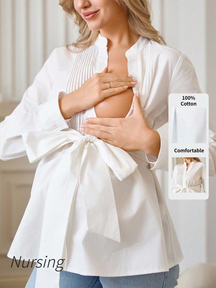 SHEIN Áo sơ mi dài tay cổ chữ V màu trơn thời trang cho bà bầu 2025 - trắng - Xem 1