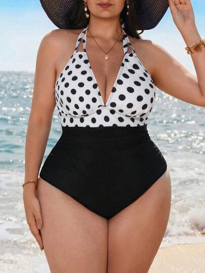 Swim Lushoire New Plus Size Women's Black & White Polka Dot Print One-Piece Swimsuit, Halter Neck, Ruched Splice Design, High Waist, Slimming
