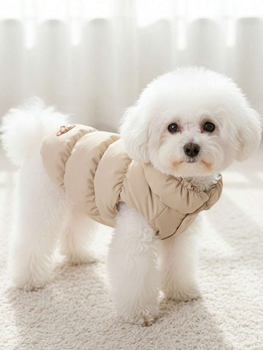 PETSIN 1pc Khaki Ribbon Label Dog Jacket 3-Layer Thick Warm Coat For Small Medium Dogs, 8 Colors Available, Autumn/Winter