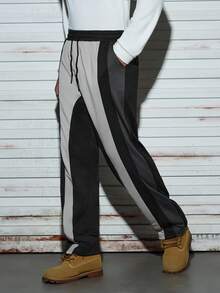 Modcrash Pantaloni largi pentru bărbați, cu model patchwork, în culori contrastante, cu șnur, pentru toamnă, primăvară și vară - Gri inchis - Vizualizare 4