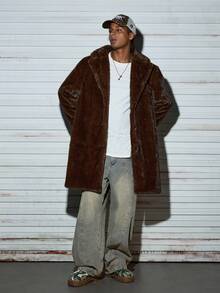 Modcrash Men's Luxury Faux Mink Long Coat Winter Warm Brown Suit Lapel Jacket