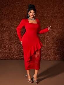 Maweii Vestido elegante ajustado con cuello cuadrado, mangas abullonadas, parches de encaje y volantes en el bajo para mujeres de talla grande - Rojo - Ver 5