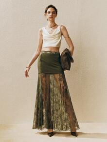 Arave Women's Elastic Waist Contrast Lace Skirt, Women's Black Long Lace See-Through Skirt, Sexy Bodycon Skirt, Flared Skirt, Suitable For Valentine's Day, - Army Green - View 2