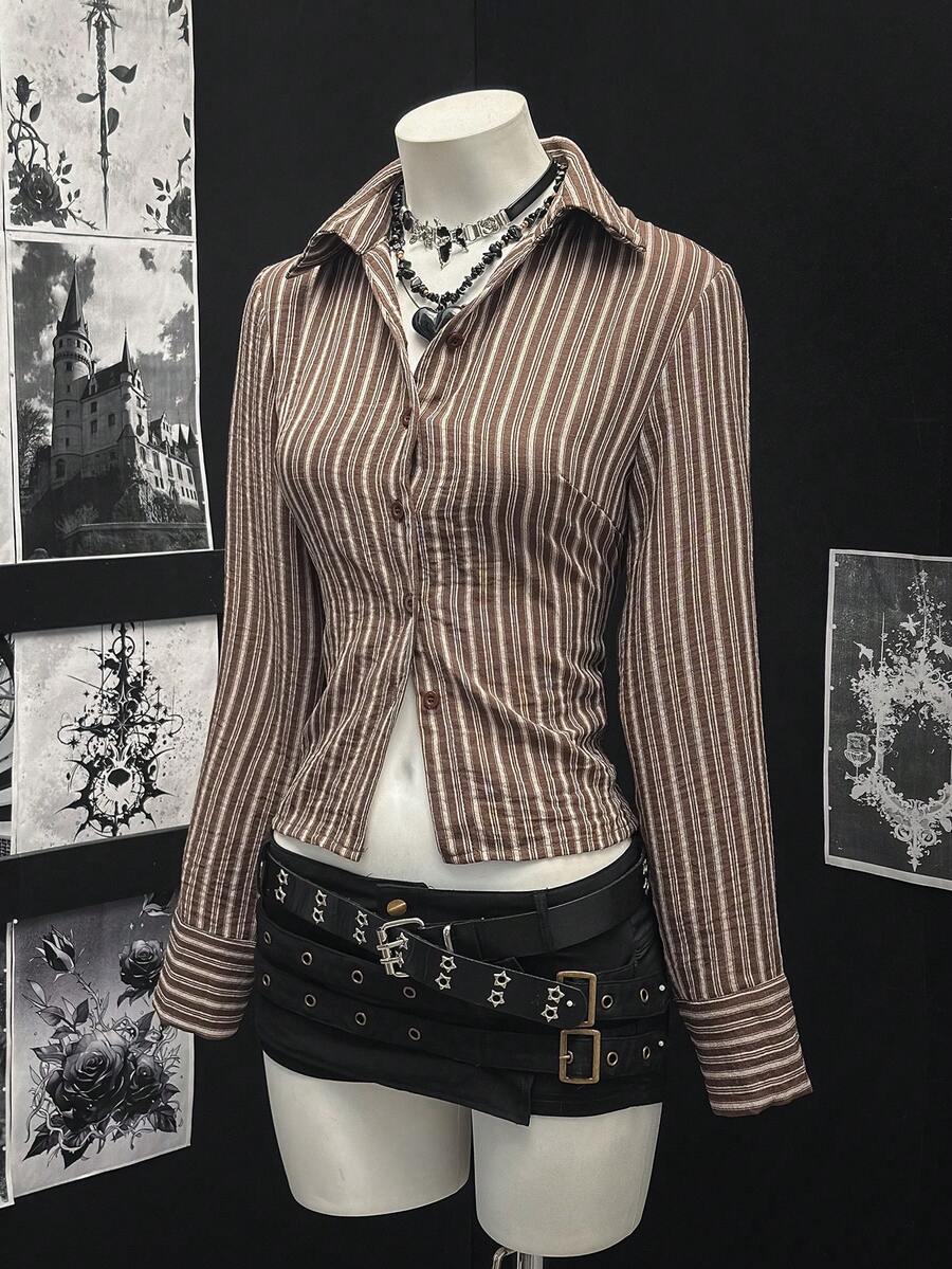 SHEIN DivaQ 休闲条纹长袖衬衫，适合秋季通勤 - 彩色 - 查看 1