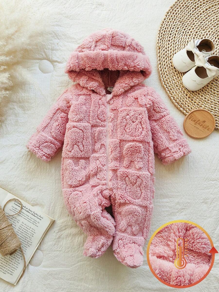 SHEIN Vintaside Kids Newborn Simple Stylish Cute Polka Dot Long Sleeve Hooded Fleece Romper Pajamas - Pink - View 1