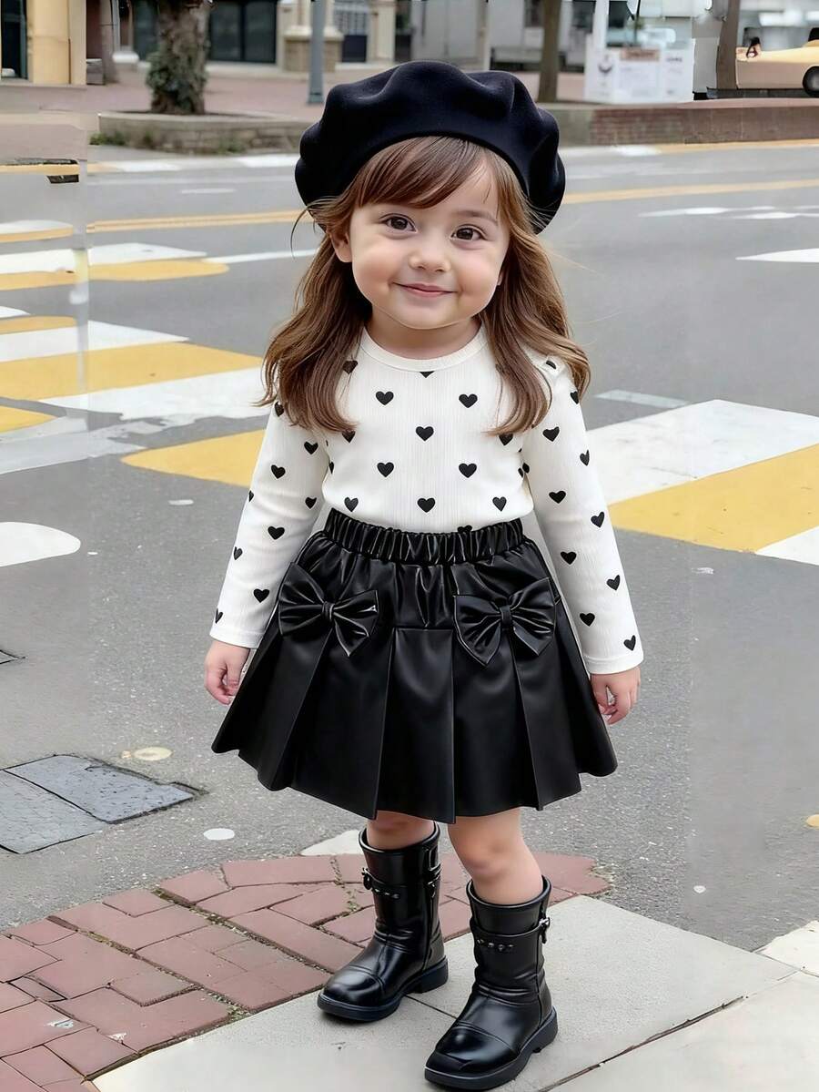 婴儿/幼儿男女通用0-3岁白色圆领长袖爱心印花上衣和纯黑色裙子两件套，适合外出、休闲穿着和派对。 - 黑與白 - 查看 1