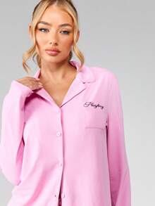 Missguided x Playboy Damen Pyjama-Set mit Kragen, Knopfleiste, Langarm und weiter Palazzo-Hose mit Kordelzug, Loungewear, Nachtwäsche