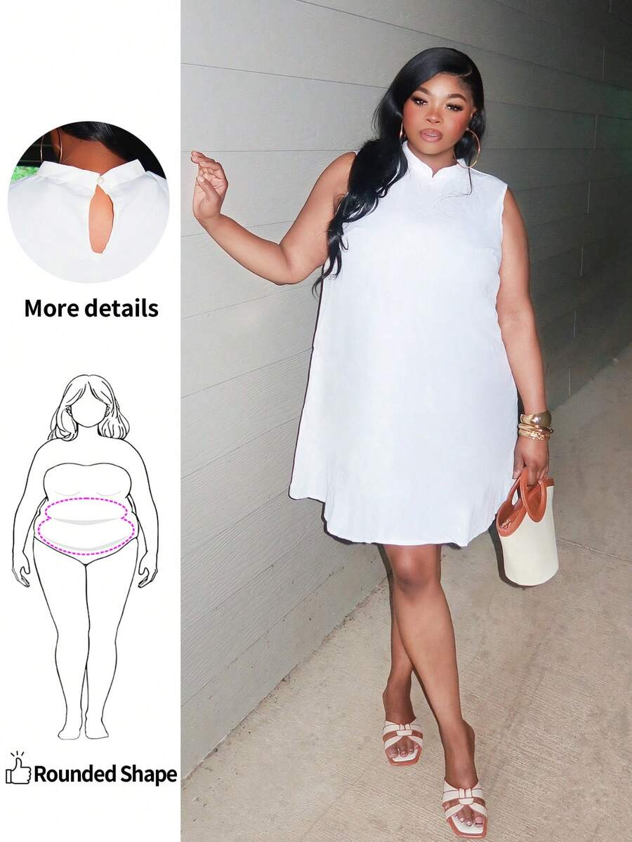 Enliva Locker sitzendes einfarbiges weißes ärmelloses Minikleid mit Stehkragen, rückenfreiem Design und Mesh-Stoff, Lässig, Elegant, Pendler & Party Kleidung für Mollige Frauen, Frühling/Sommer