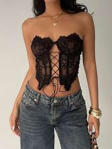 Aloruh Women's Lace Bustier Criss-Cross Strap Sexy Camisole Top,Black Top - Black - View 1