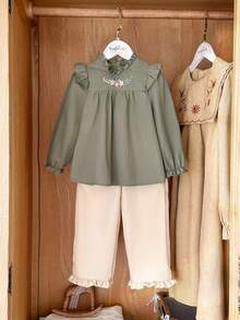 SHEIN 女童休闲花卉刺绣长袖上衣和裤子套装（2件套），适合春秋季、室内/室外、日常穿着。 - 彩色 - 查看 3