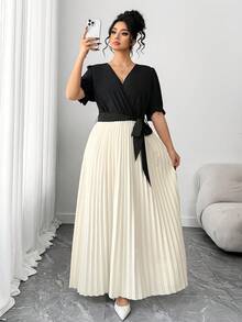 Elenzga Plus Size V-Neck Bow Tie Waist Colorblock Pleated Maxi Skirt Set Plus Elegant Dress Pleated Skirt Set Long Skirt 2 Piece Maxi Dress Elegant Pleated Dresses For Women - Black and White - View 4